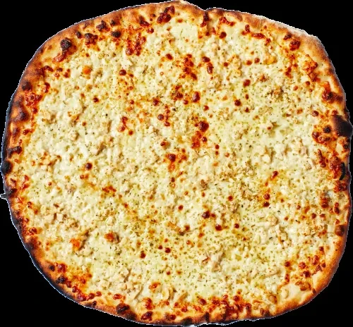 A whole white pizza with a golden-brown crust.