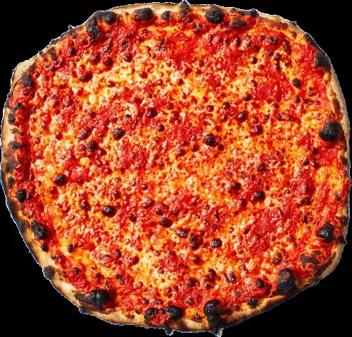 A full, round pizza with tomato sauce and melted cheese.