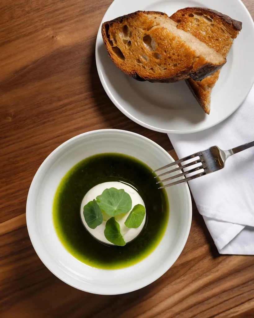 Burrata in green oil, topped with leaves, and toasted bread.