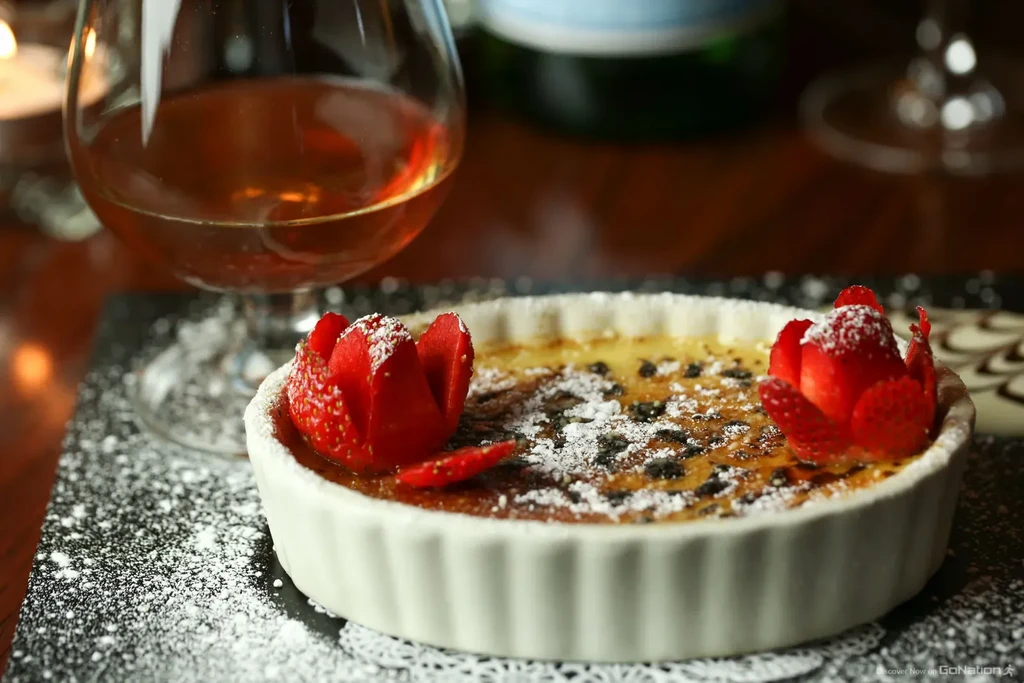 Creme brûlée with strawberries and powdered sugar, with a drink.