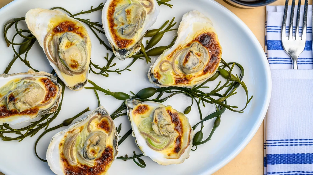 Six baked oysters on a white plate with green seaweed.
