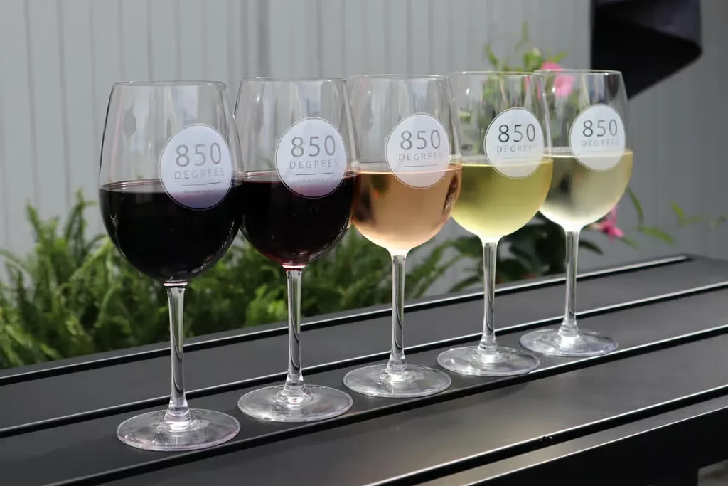 Five wines (red, rosé, white) in glasses with "850 DEGREES" stickers.