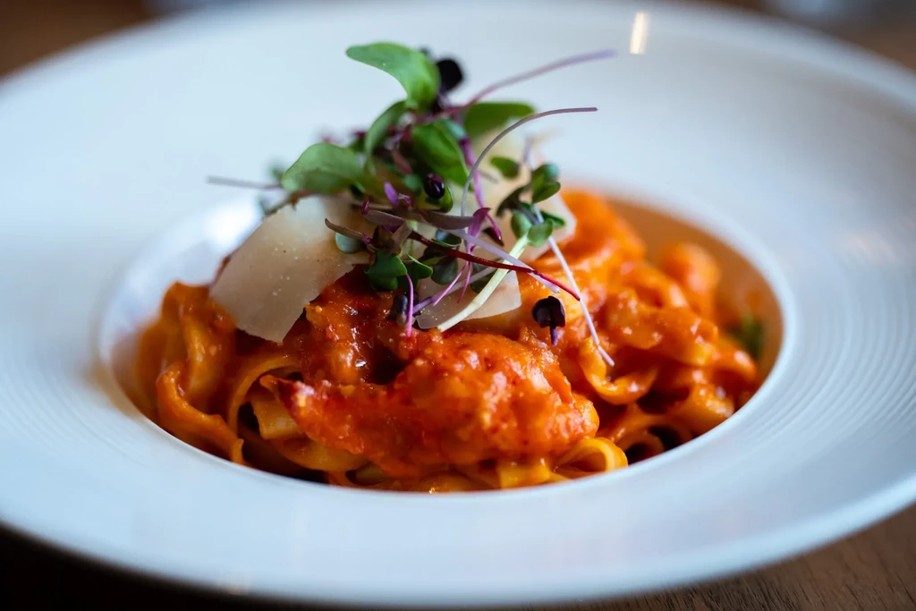 Pasta with red sauce, cheese, and microgreens in a white bowl.