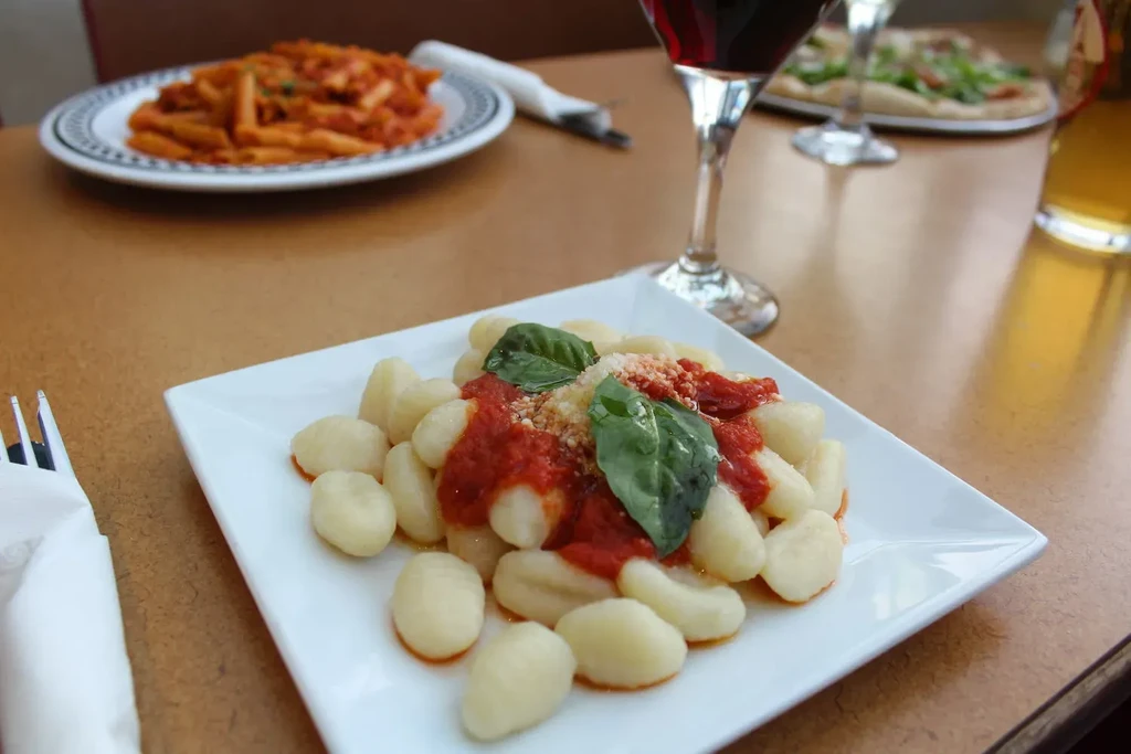 A plate of gnocchi with tomato sauce, basil, and cheese.