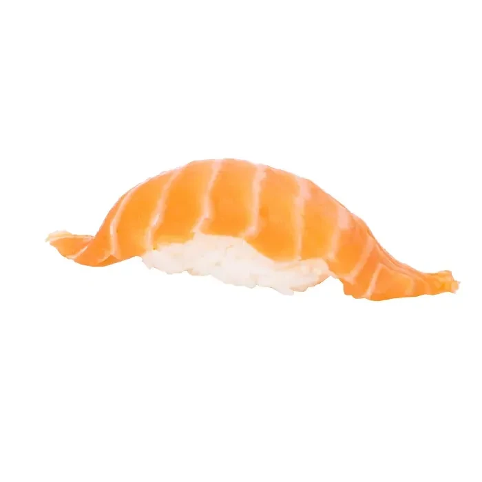 Single piece of bright orange salmon nigiri sushi on white.