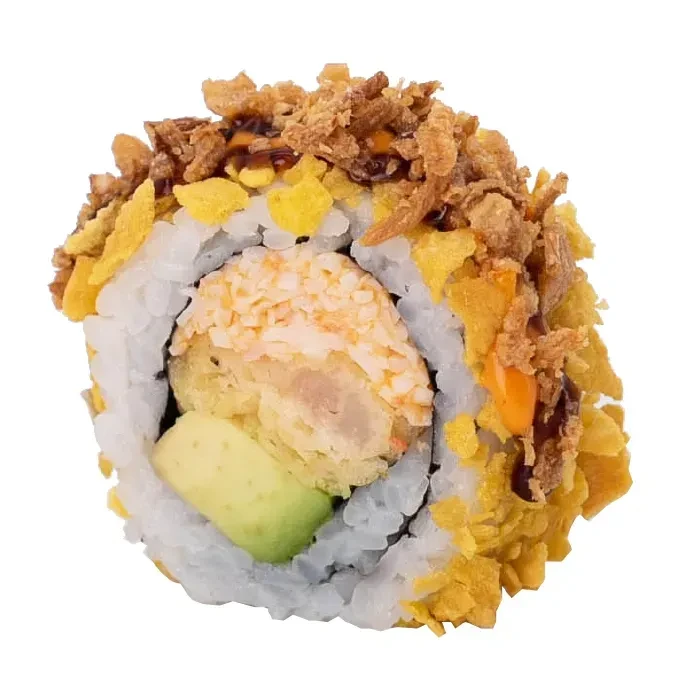Sushi roll with rice, seafood salad, avocado, crispy toppings, and sauces.