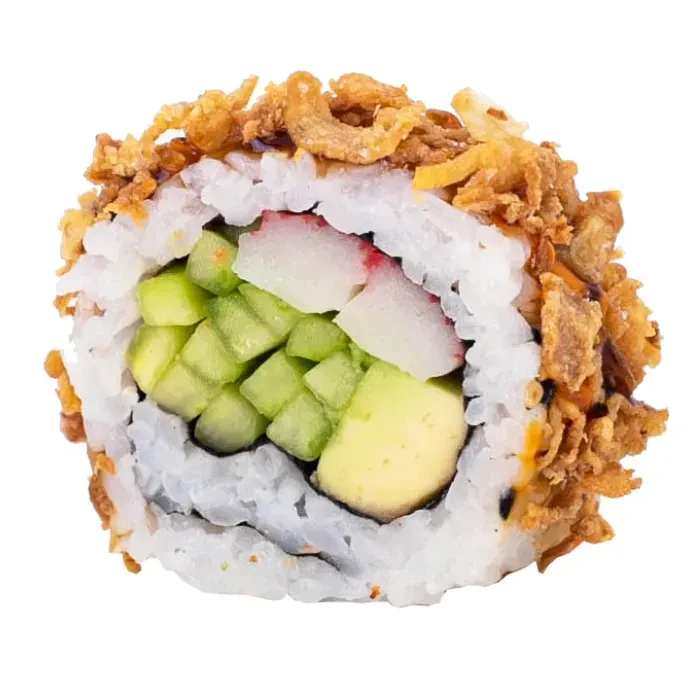 Crispy California roll with crab, avocado, and cucumber on white.