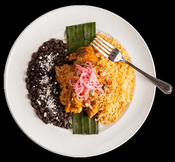 Well-plated shredded meat, black beans, rice, and pickled onions.