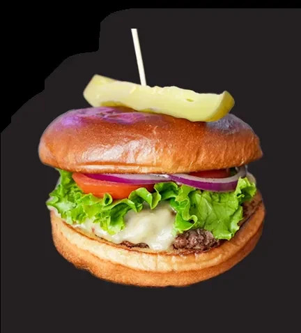A hamburger with brioche, melted cheese, lettuce, tomato, onion, and pickle spear.