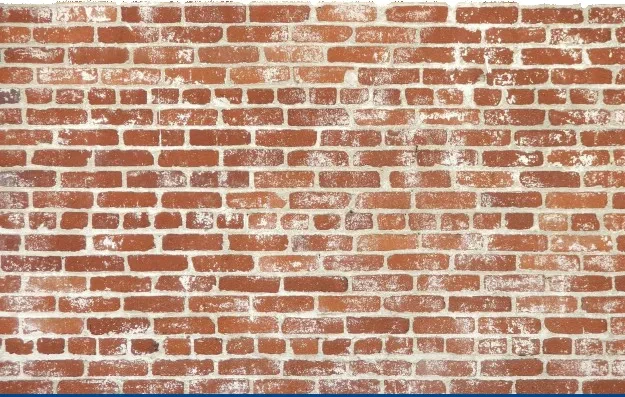 Close-up of a red brick wall, distressed with white mottling and light mortar.
