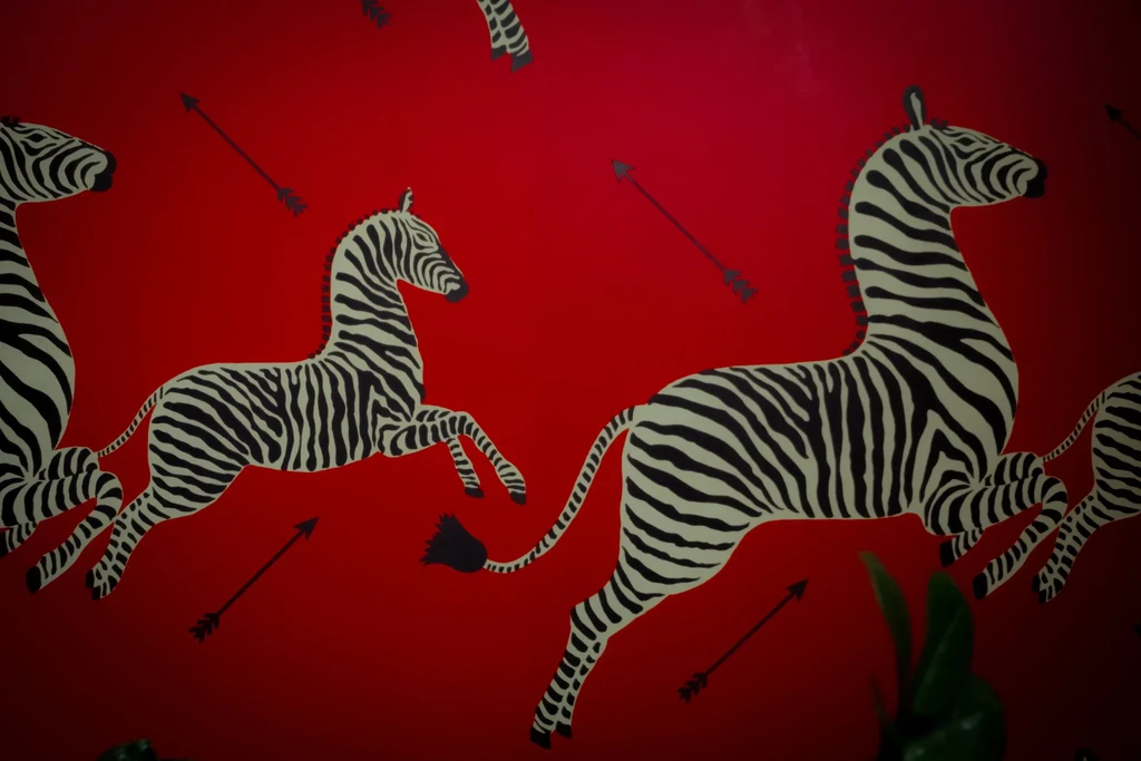 Red wall with stylized black and white zebra and arrow pattern.