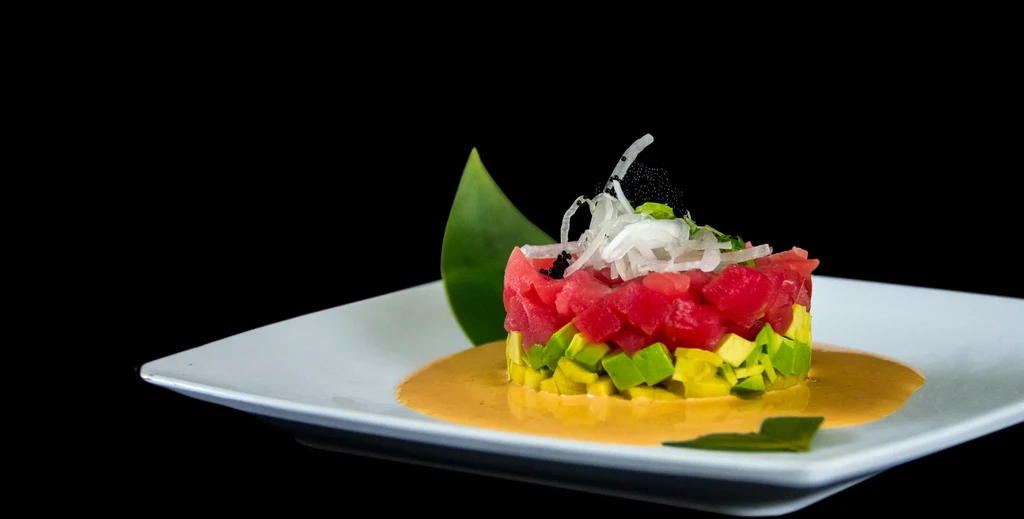 Cylindrical layered tuna and avocado tartare on white plate with sauce.