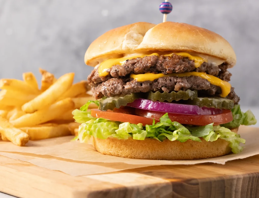 Double cheeseburger with cheese, lettuce, pickles, and golden french fries.