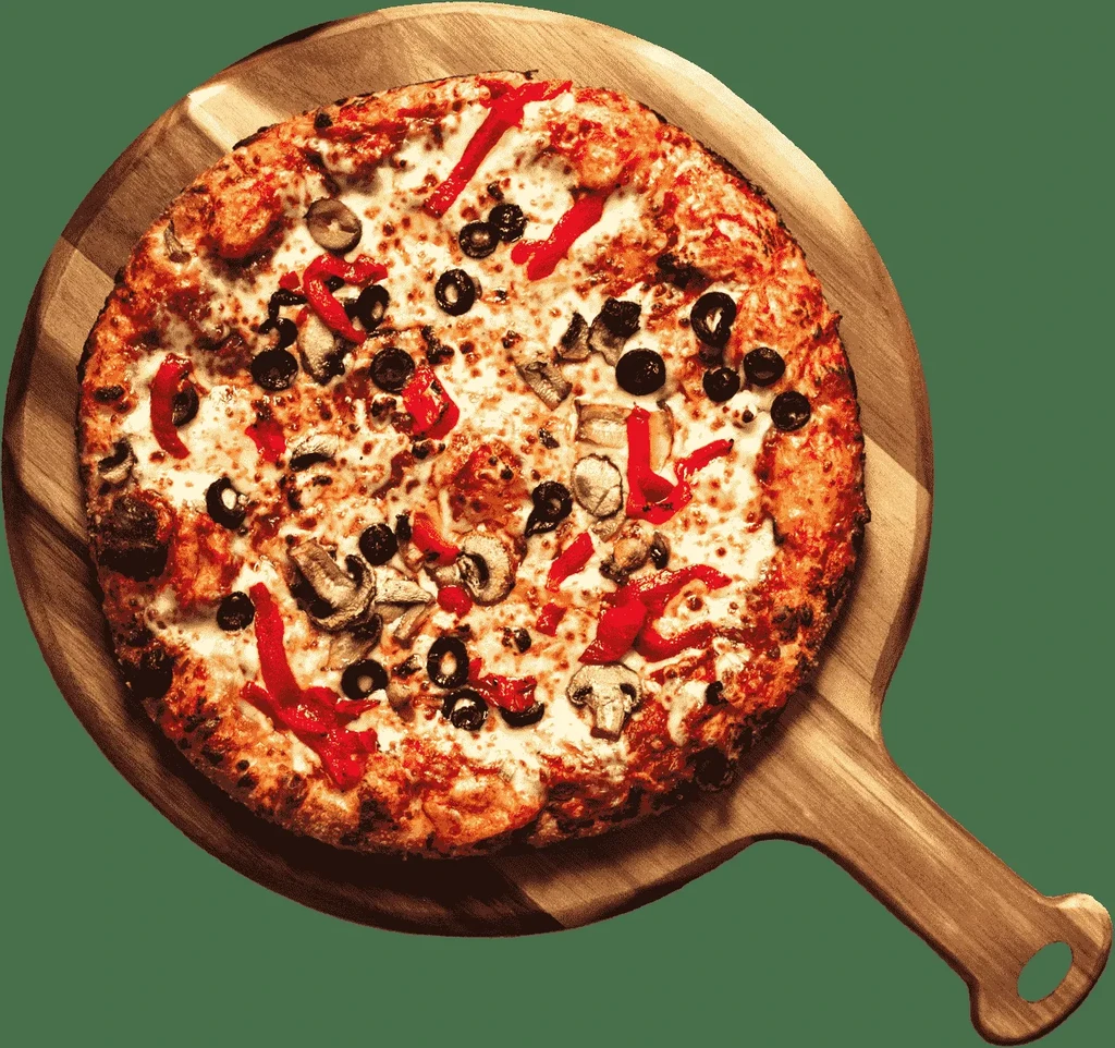 Pizza with cheese, mushrooms, olives, red pepper on wooden peel.