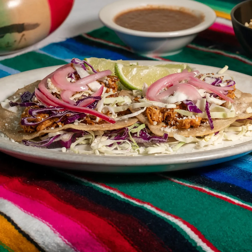 Close-up: two chicken tacos with cabbage, onions, and lime.