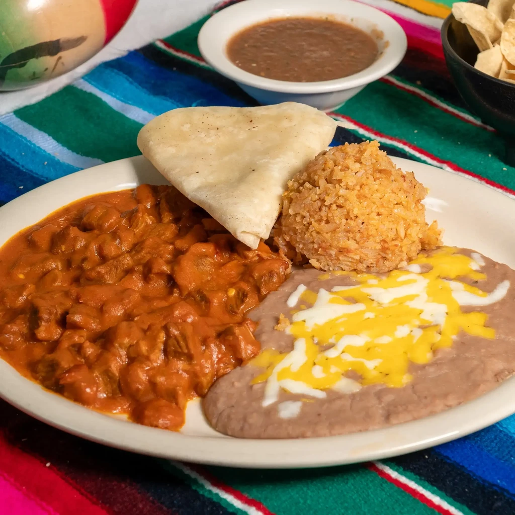 Oval plate of Tex-Mex food: stewed meat, rice, beans, tortilla.