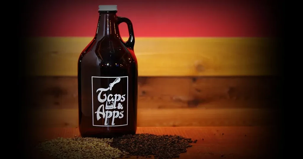 Dark growler with 'Taps & Apps' label and malted barley.