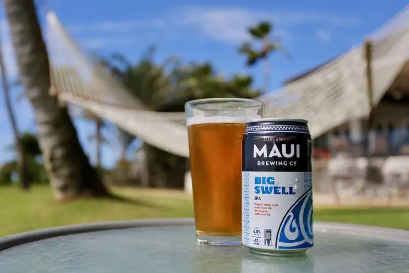 Golden beer glass and Maui IPA can, tropical background.