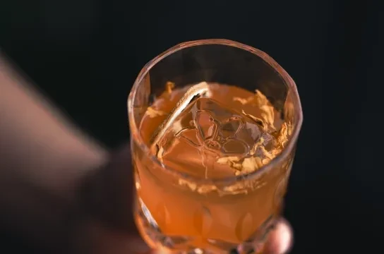 Close-up: Amber cocktail with intricate ice, dried citrus slice, delicate petals.