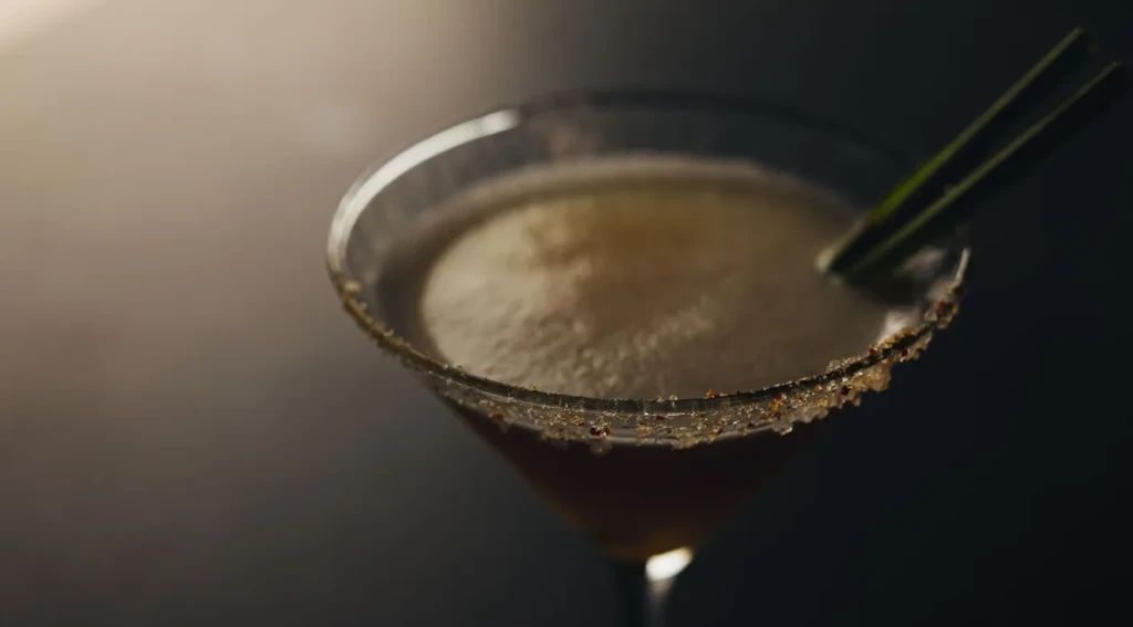 Frothy cocktail in martini glass with spiced rim and green garnishes.