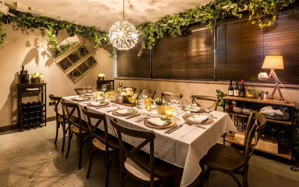 Elegant private dining room with a long table, chandelier, ivy, and wine.