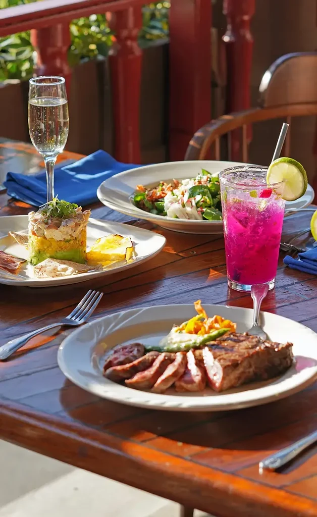 Outdoor table with grilled steak, cocktail, appetizers, and champagne.