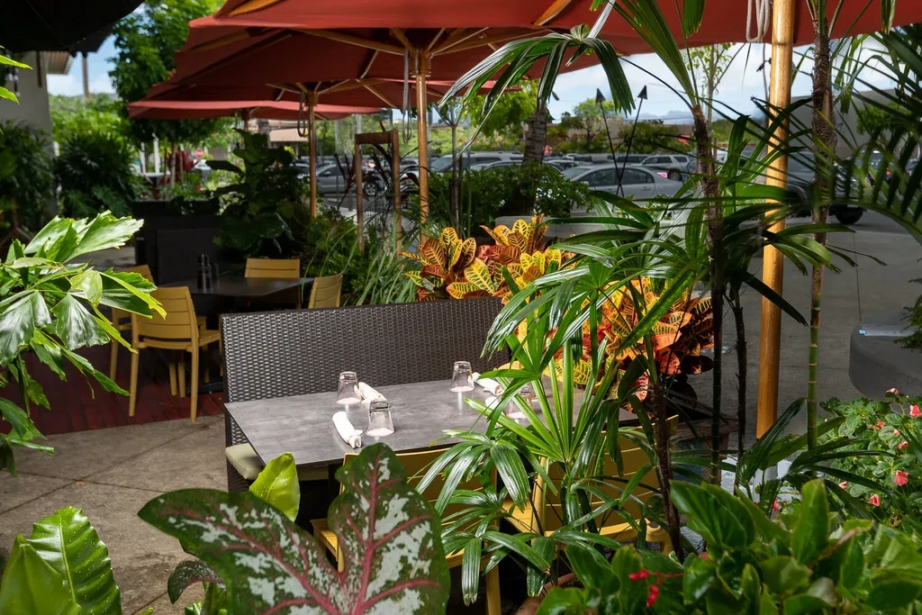 Empty tropical outdoor dining area with tables, plants, and red umbrellas.