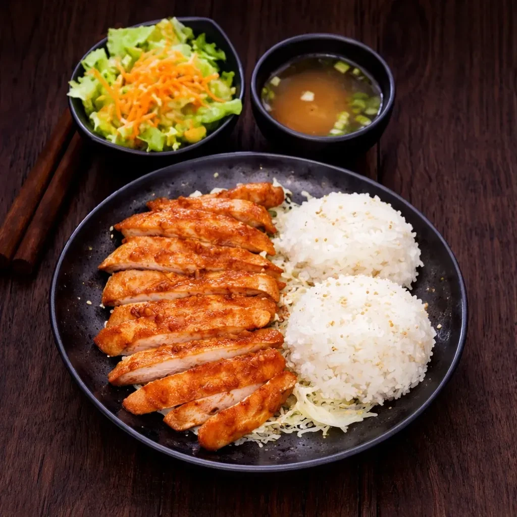 Grilled chicken with rice, salad, soup, and chopsticks on a wooden table.