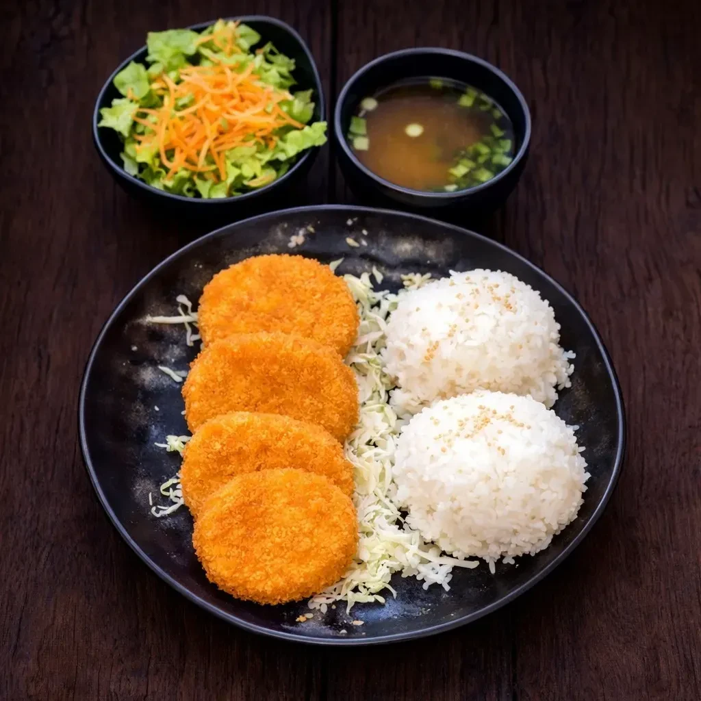 Overhead view: breaded cutlets, rice, cabbage, miso soup, and salad.