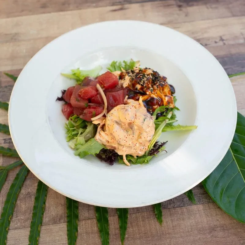 Vibrant poke bowl with tuna, greens, creamy sauce, and dark topping.