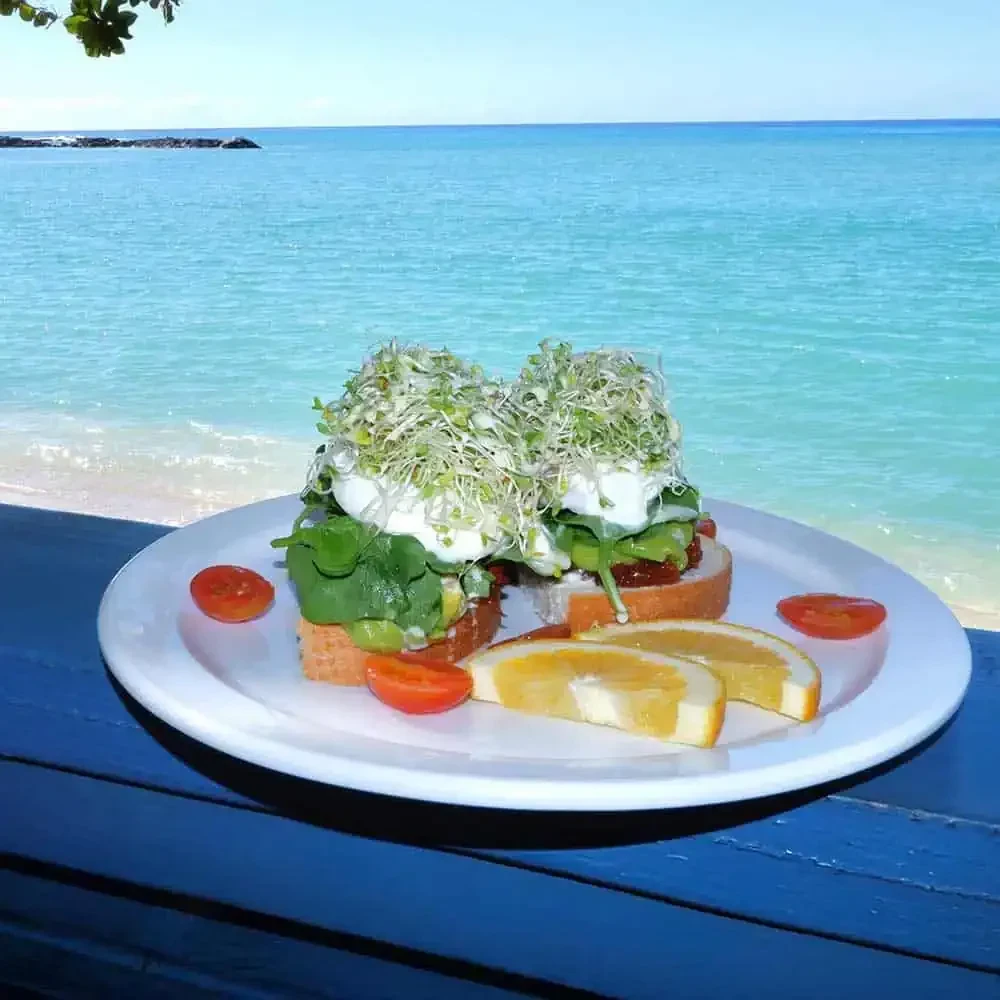 Two avocado toasts, poached eggs on plate, beach and ocean.