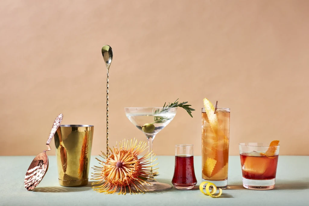 Still life of cocktails, bartending tools, and a protea flower.