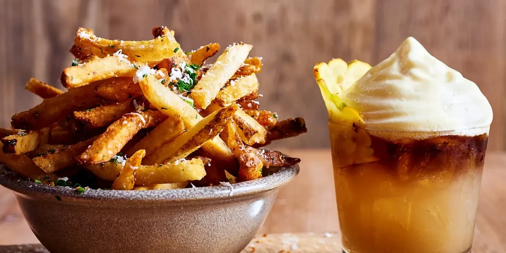 Crispy fries with cheese and herbs next to a layered foamy drink.