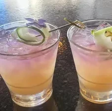 Two layered purple and orange cocktails with cucumber and star-cut fruit.