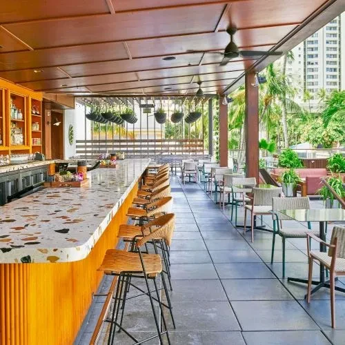 Modern open-air bar, dining area, tropical plants, city backdrop.