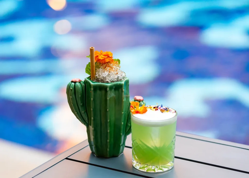 Two garnished drinks: a green cactus mug and a clear glass.
