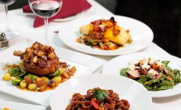 Table with multiple gourmet dishes and two glasses of red wine.