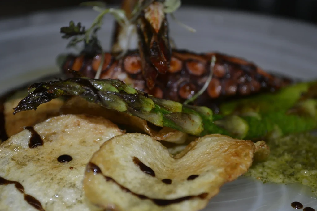 A gourmet dish with grilled octopus, asparagus, and potato chips.