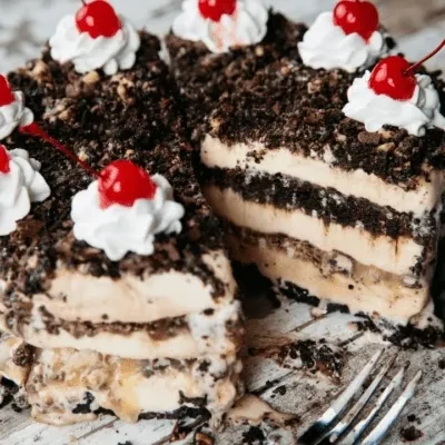 Five slices of layered chocolate and cream cake with cherries and whipped cream.