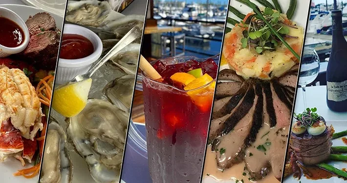 Collage of restaurant dishes: lobster, oysters, sangria, sliced steak, and filet mignon.