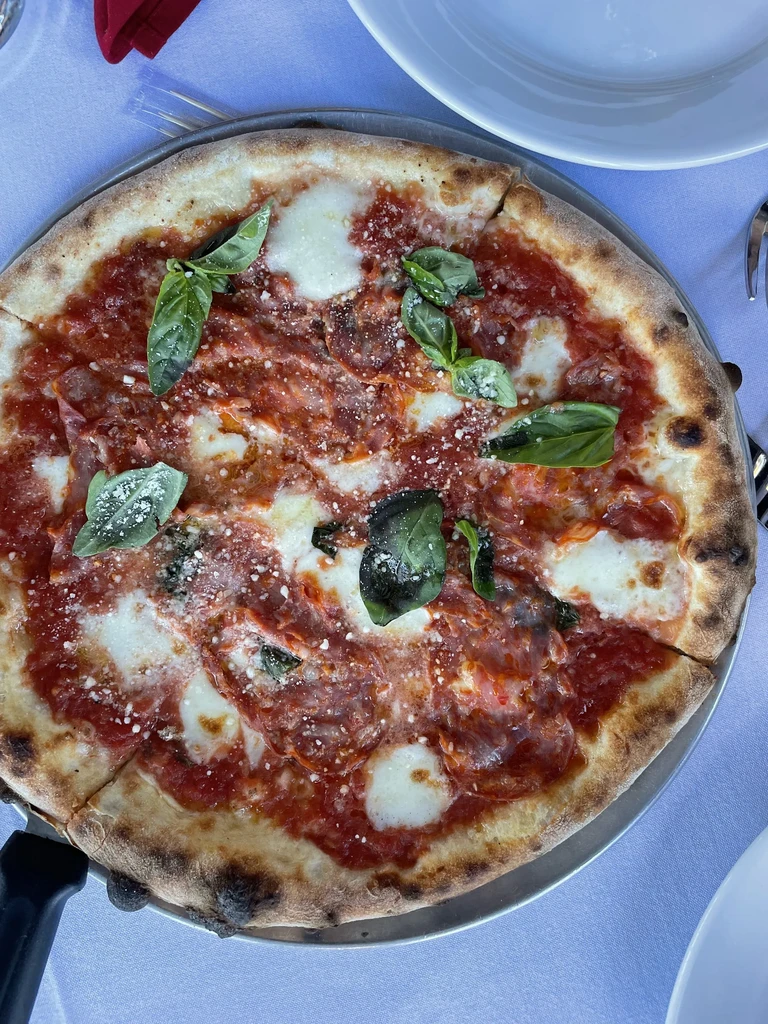 A whole pizza with basil, mozzarella, and a tomato sauce base.