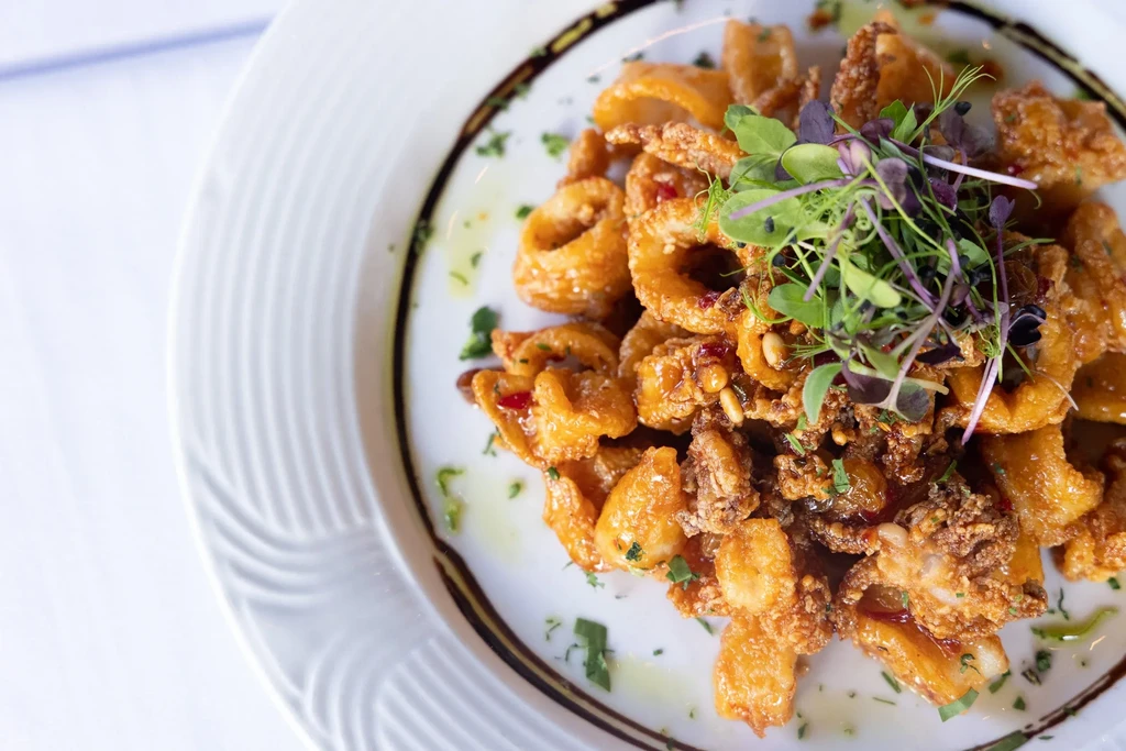 Close-up of fried calamari on a white plate with microgreens.