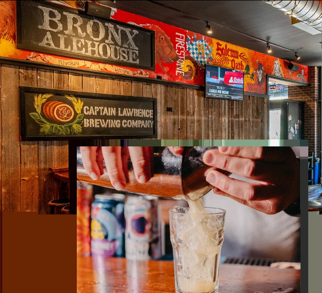 Bartender pouring a drink at Bronx Alehouse with Captain Lawrence Brewing Company sign.