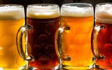 Four glass mugs filled with beer of different colors, from light to dark.