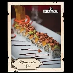 A plate of sushi rolls with mango, avocado, and a brown topping.