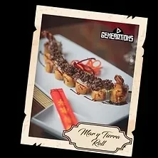 Shrimp tempura roll topped with beef, sauce, and a red wrapper.