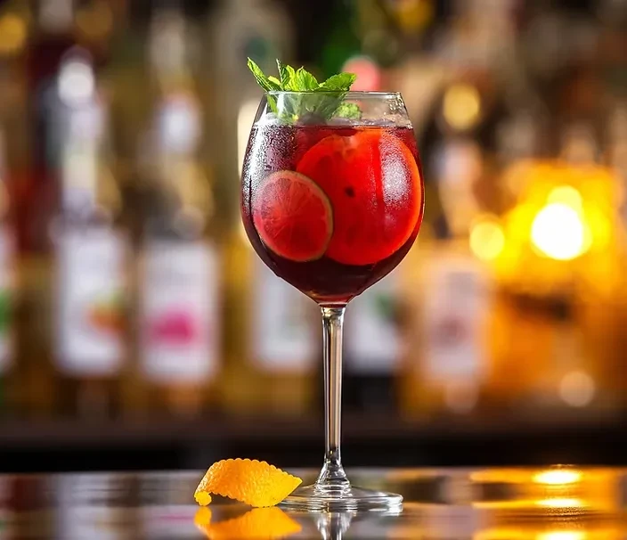 A glass of red sangria with fruit and mint, an orange peel.