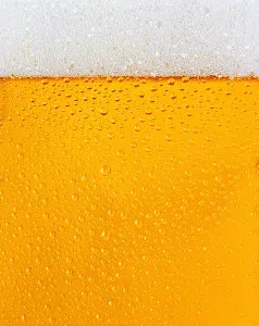 Close-up of a golden beer with thick foam and glass condensation.