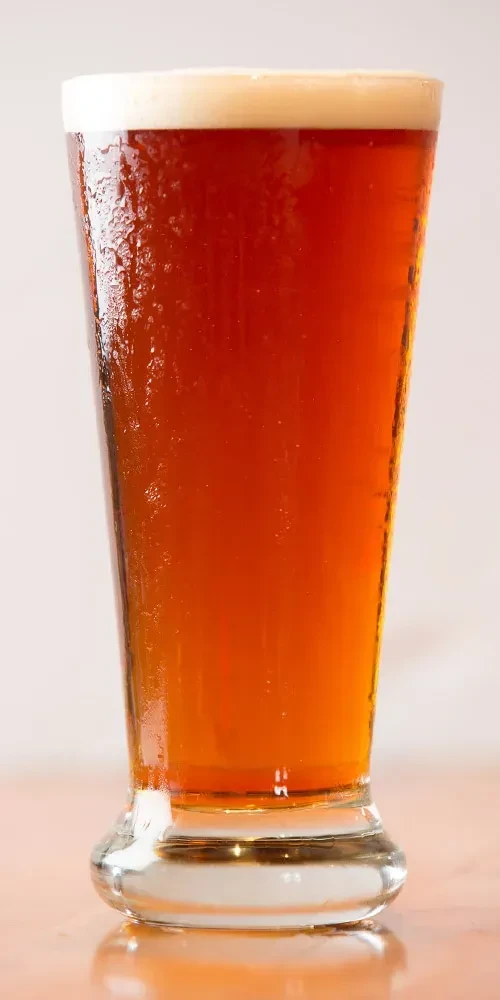 Tall glass of cold, amber beer with a frothy white head.