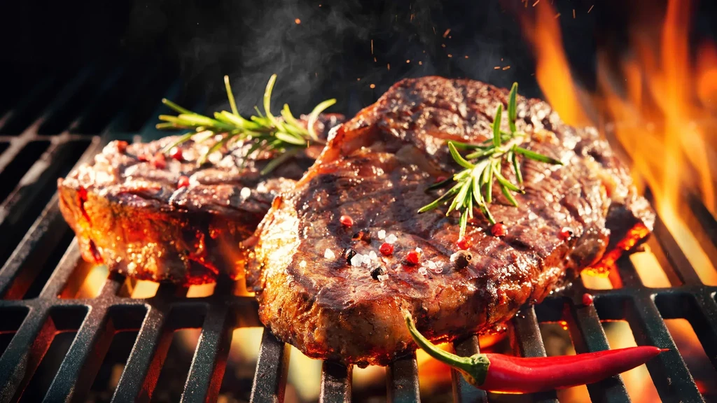 Two thick-cut, seasoned steaks with rosemary grilling over open flames.